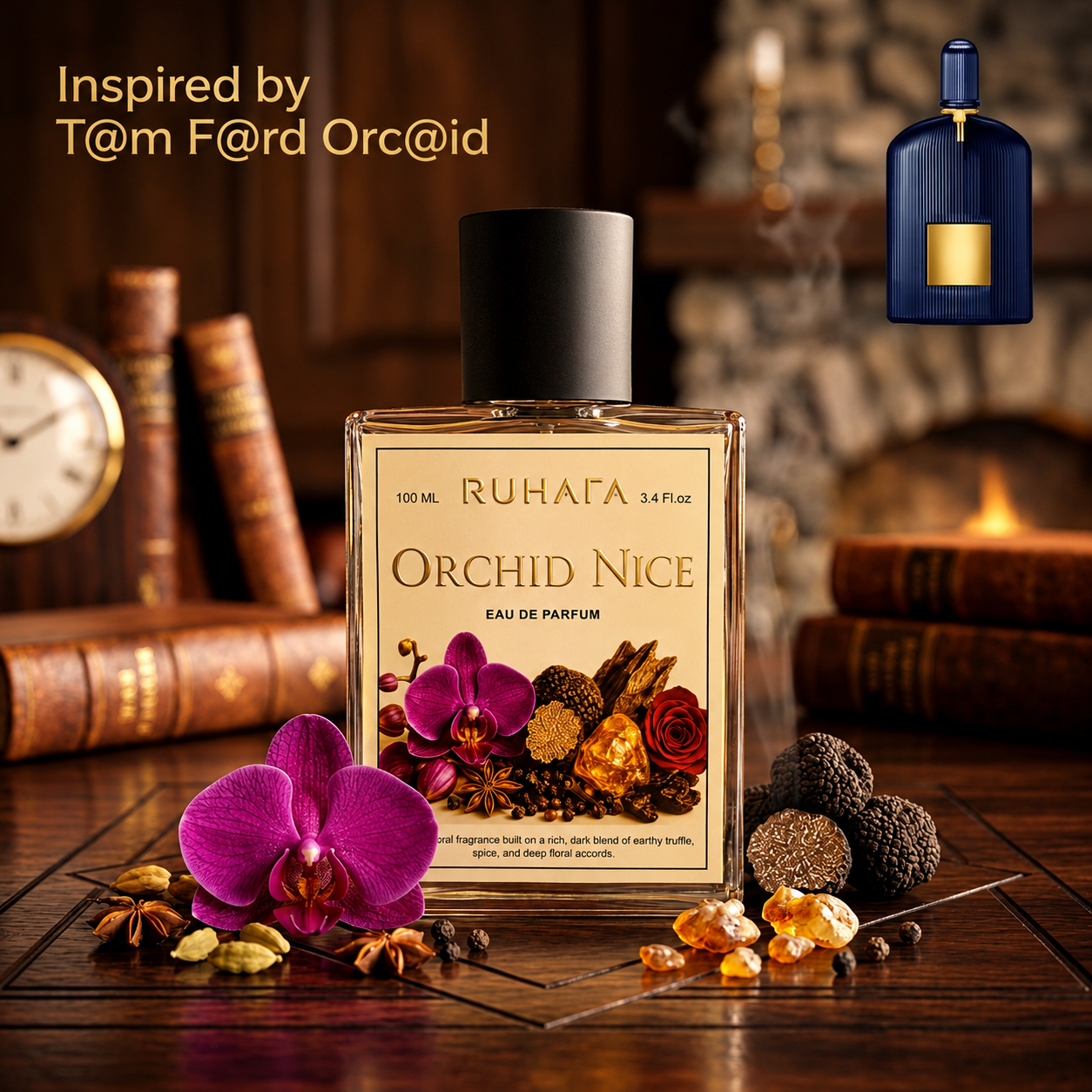 Orchid Nice Eau De Parfume 100ml For Men Orchid Nice by Ruhafa is crafted for those who embrace drama and sophistication. A modern icon of dark florals, sweet chocolate, and earthy spice, this scent creates an instant aura of power and charm. Wear it when you want to leave an unforgettable impression—because true elegance is never subtle. Fragrance Notes Top Notes : Black Truffle, Ylang-Ylang, French Jasmine, Blackcurrant Heart Notes : Black Orchid, Floral Accords, Rich Spices Base Notes : Dark Chocolate, Patchouli, Incense, Amber, Vanilla, Sandalwood Best For : Nightouts, romantic dates, winter evenings, and high-glam events.