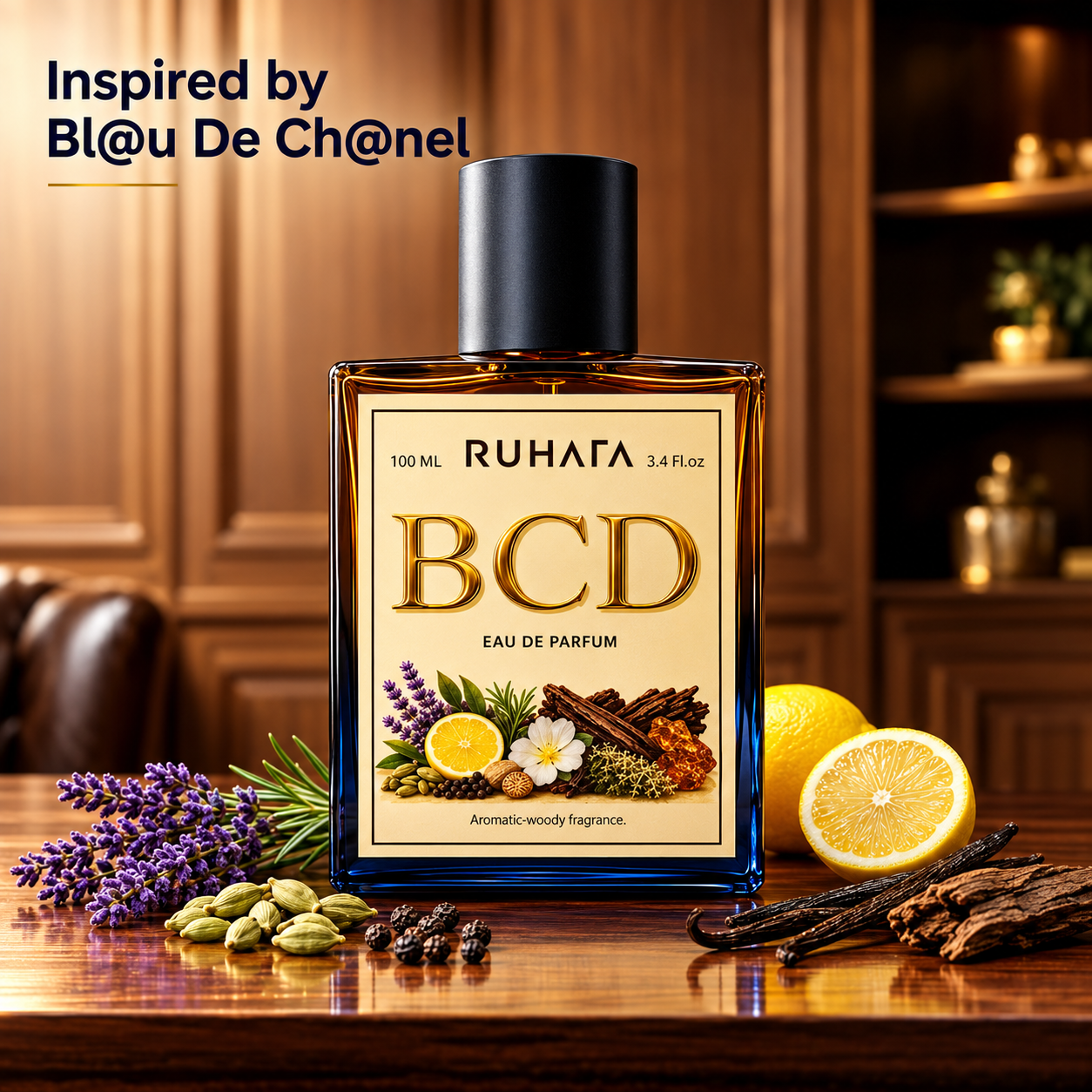 BCD by Ruhafa Eau De Parfume 100ml For Men Elevate your presence with BCD by Ruhafa. A powerful mix of fresh citrus, spicy pink pepper, and a deep, smoky woody base. Sophisticated, bold, and crafted for the man who defines his own path. Step into timeless elegance that lasts all day and night. Fragrance Notes Top Notes – Fresh Grapefruit, Lemon, Mint, Pink Pepper Heart Notes – Ginger, Nutmeg, Jasmine, Iso E Super Base Notes – Incense, Vetiver, Cedarwood, Sandalwood, White Musk