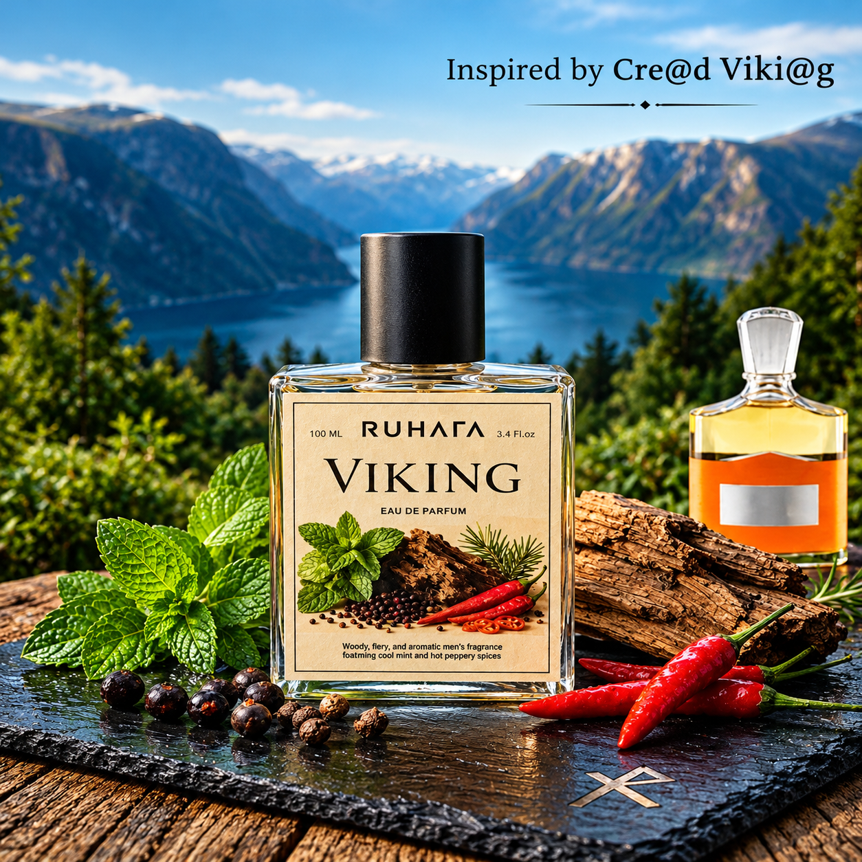 Viking Eau De Parfume 100ml For Men Embrace the thrill of adventure and powerful sophistication with Viking by Ruhafa. Inspired by the fierce, fiery determination of ancient explorers, this fragrance captures the fiery clash of icy citrus and warm, spicy woods. Fragrance Notes Top Notes – Pink Pepper, Calabrian Bergamot, Sicilian Lemon Heart Notes – Peppermint, Bulgarian Rose, Spicy Clove Base Notes – Indian Sandalwood, Vetiver, Patchouli, Lavender