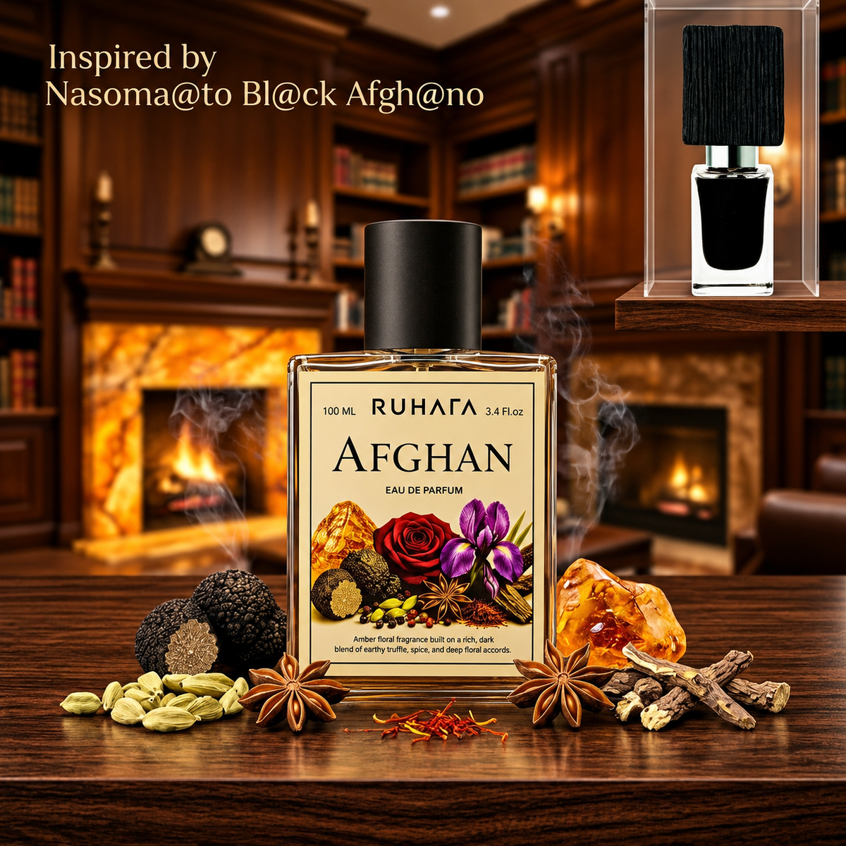 Afghan Eau De Parfume 100ml For Men Afghan by Ruhafa is a rich cloud of dark incense, roasted coffee, and smoldering oud. Designed to intrigue and captivate, this fragrance wraps you in an aura of pure, raw power. One spray is all it takes to leave a lasting mark wherever you step. Fragrance Notes Top Notes : Green Notes, Cannabis Accord Heart Notes : Smoldering Tobacco, Roasted Coffee, Resins, Woodsy Accords Base Notes : Rich Cambodian Oud, Incense, Earthy Vetiver, Cedarwood Best For : Nightouts, winter evenings, leather jackets, and bold fashion statements.